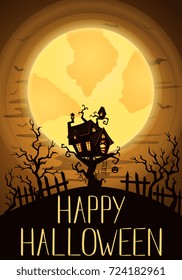 Happy Halloween party banner with spooky castle on tree in mystic forest at night under full moon. Cartoon vector illustration. Halloween background with haunted house on hill, pumpkin and flying bats