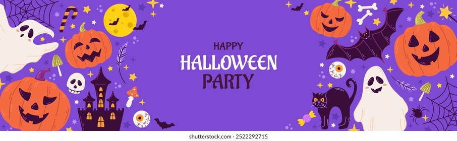 Feliz Anuncio de fiesta de Halloween con símbolos tradicionales. Scary sonriente calabaza, fantasma, murciélagos y castillo oscuro, luna. Tarjeta festiva de vacaciones, diseño de fondo de Web para la noche de octubre. Ilustración plana de Vector