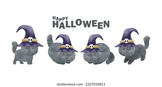 Happy Halloween party black cat wearing witch hat watercolor trick or Treating hand drawn isolated on white background Vector Illustration.