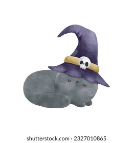 Happy Halloween party black cat wearing witch hat watercolor trick or Treating hand drawn isolated on white background Vector Illustration.
