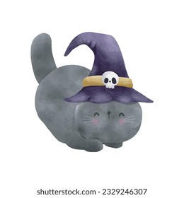 Happy Halloween party black cat wearing witch hat watercolor trick or Treating hand drawn isolated on white background Vector Illustration.