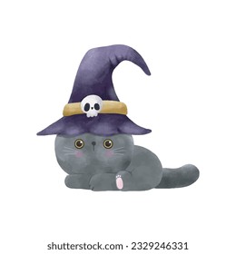 Happy Halloween party black cat wearing witch hat watercolor trick or Treating hand drawn isolated on white background Vector Illustration.
