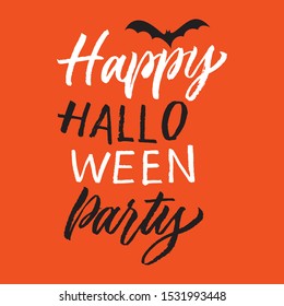 Happy Halloween party brushpen hand written poster with web and bat. Calligraphy vector for greeting card, banner, print, party invitation, t-shirt, social media.