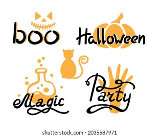 Happy Halloween party calligraphy. Holiday Handmade vector lettering. Text on different symbol background