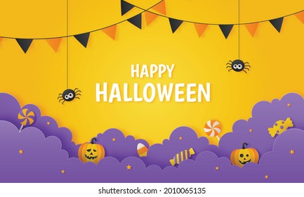 happy halloween party with candy and pumpkin paper art style on orange background. vector illustration.