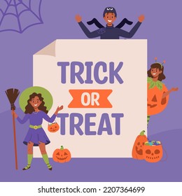 Happy Halloween party card, banner background with kids in funny carnival costumes. Children on October trick or treat night. Smiling kindergarten boys and girls friends. Flat vector illustration