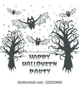 Happy Halloween party card with evil trees and bats