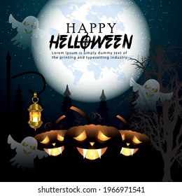 Happy halloween party card with hounted house, full moon and glowing pumpkin