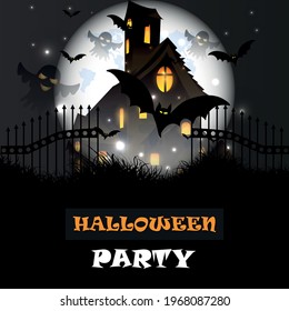 Happy halloween party card with hounted house, full moon and bats flying