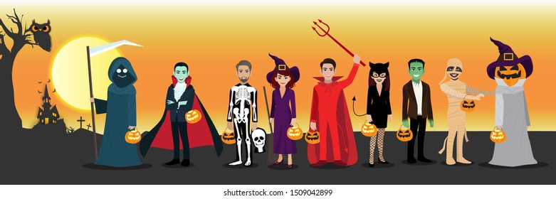 Happy Halloween party with cartoon character in Halloween costume . Flat icon design vector illustration.