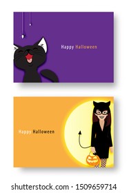 Happy Halloween party with cartoon character in Halloween costume . Flat icon design vector illustration.
