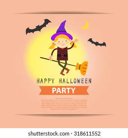 Happy Halloween Party cartoon cute witch with full moon and bats illustration vector design
