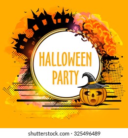 Happy Halloween Party celebration with creative sticky design and scary ornaments on abstract background.