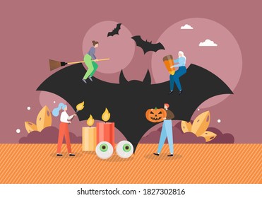 Happy Halloween party celebration, flat vector illustration. People celebrating Halloween with bats, pumpkin, eyeballs, candles, candy corn, witch holiday symbols.