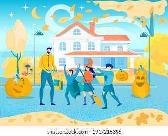 Happy Halloween Party Celebration on Street Decorated with Orange Creepy Pumpkin Faces Cartoon. Cheerful Children Wearing Festive Costumes Scaring Man or Dad with Gifts Bags. Vector Flat Illustration