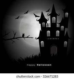 Happy Halloween Party celebration with scary haunted house and flying bats on horrible night background.