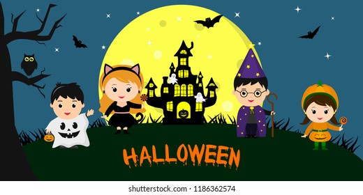 Happy Halloween. Halloween party children of characters in different costumes against the background of the full moon, at night. Cartoon, flat, vector.