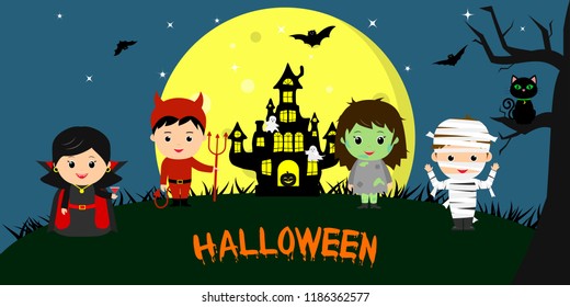 Happy Halloween. Halloween party children of characters in different costumes against the background of the full moon, at night. Cartoon, flat, vector.