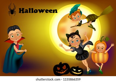 Happy Halloween party with children/ Halloween kids costumes: witch,  Dracula, cat costume, Pumpkin. 