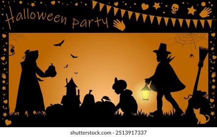 Happy Halloween party. Children silhouettes with halloween objects onorange background with black frame. Vector illustration.	
