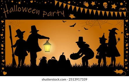 Happy Halloween party. Children silhouettes with halloween objects onorange background with black frame. Vector illustration.	
