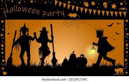 Happy Halloween party. Children silhouettes with halloween objects onorange background with black frame. Vector illustration.	
