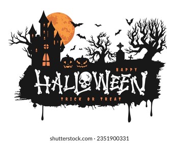 Happy Halloween party colorful sticker with bones and skull near hell mansion with people graves and scary tree vector illustration