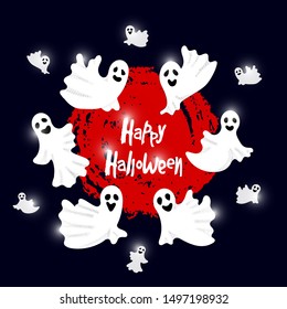 Happy Halloween party composition with dancing ghosts оn red and black background. Design for greeting card, banners, invitations. Trick or treat. Holiday concept. Vector Illustration.