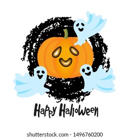 Happy Halloween party composition with flying ghosts and pumpkin оn white background. Trick or treat. Holiday concept. Design for greeting card, banners, invitations. Vector Illustration.