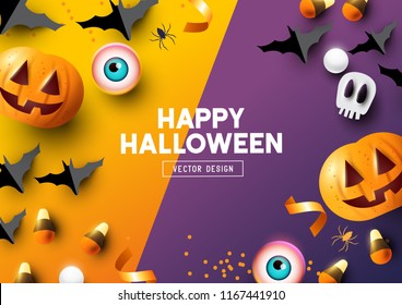 Happy Halloween party Composition with Jack O' Lantern pumpkins, party decorations and sweets on a colorful abstract background. Top view vector illustration.