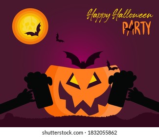 Happy Halloween Party concept: There are pumpkin ghost and yellow full moon with many bat for background. Two hands hold beer mugs for party.