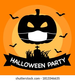 Happy Halloween party concept vector illustration on orange background. Pumpkin wearing face mask with flying bats and grave in flat design.	