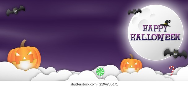 happy halloween party concept vector banner design, halloween festival illustration template, pumpkins and ghosts and bats have fun under the full moon