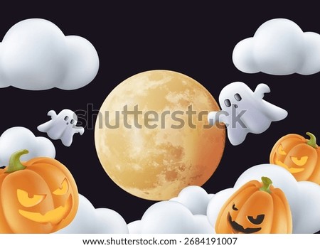 Happy halloween party concept vector 3D render design, halloween festival illustration template, pumpkins and ghosts and bats have fun under the full moon