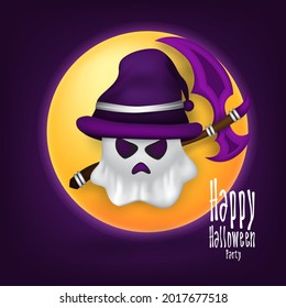 Happy halloween party. Cute cartoon little ghost wearing a hat  with scythe in the night of the full moon. Vector illustration.
