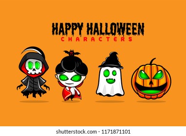 Happy Halloween Party. Cute characters grim reaper, dracula, ghost and pumpkin on orange backgrond. Vector illustration.
