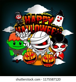 Happy Halloween Party.  Cute characters costume at night concept. Vector illustration.