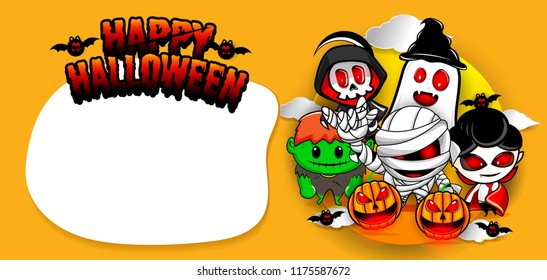 Happy Halloween Party.  Cute characters costume at twilight concept. Vector illustration.