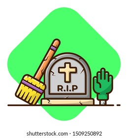 Happy Halloween Party with Cute Coffin, Tombstone, Magic Broom, Zombie Hand. Set Doodle of Halloween. Group Cartoon Halloween Party. Flat Cartoon Style Suitable for Sticker, Wallpaper, etc.