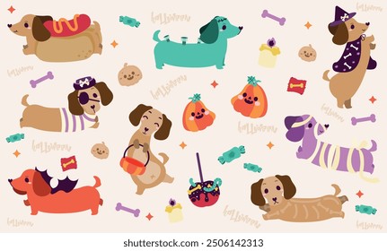 Happy halloween party with cute dachshund puppy dog, flat and colorful illustration.