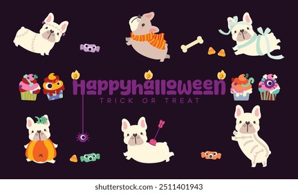 Feliz festa de Halloween com cachorro buldogue francês bonito cachorro, plana e ilustração colorida.