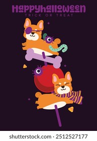 Happy Halloween Party mit niedlichen Shiba Inu Welpen Hund, flach und bunte Illustration.