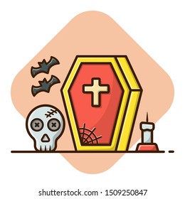 Happy Halloween Party with Cute Skull, Coffin, Tombstone, Candle, And Two Bats. Set Doodle of Halloween. Group Cartoon Halloween Party. Flat Cartoon Style Suitable for Sticker, Wallpaper, etc.