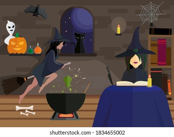 Happy Halloween party. Dance on the bones. Interior of witch room with a black cat, pumpkin, bat and ghost.  Frankenstein hand. EPS8