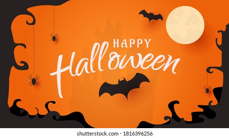 Happy Halloween party decoration with bat, spider web, full moon and dark tree border concept paper cut style background vector illustration