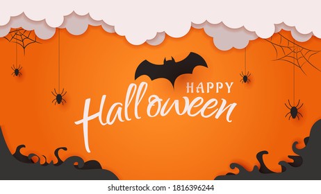 Happy Halloween party decoration with cloud, bat, spider web and dark fog paper cut style background vector illustration