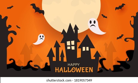 Happy Halloween party decoration with full moon and dark tree border the souls floats above the castle concept paper cut style background vector illustration