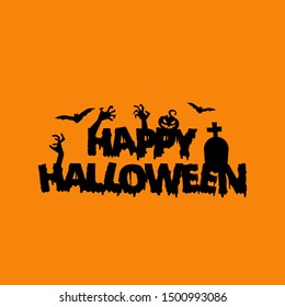 Happy Halloween party design elements. Vector illustration on a orange background with a smear of ink black, bats, zombie hand, and cemetery. Lettering. A great holiday gift card.