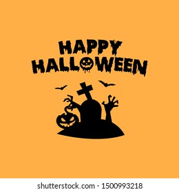 Happy Halloween party design elements. Vector illustration on a orange background with a smear of ink black, bats, zombie hand, and cemetery. Lettering. A great holiday gift card.