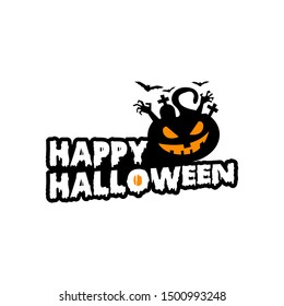Happy Halloween party design elements. Vector illustration on a white background with a smear of ink black, bats, zombie hand, and cemetery. Lettering. A great holiday gift card.